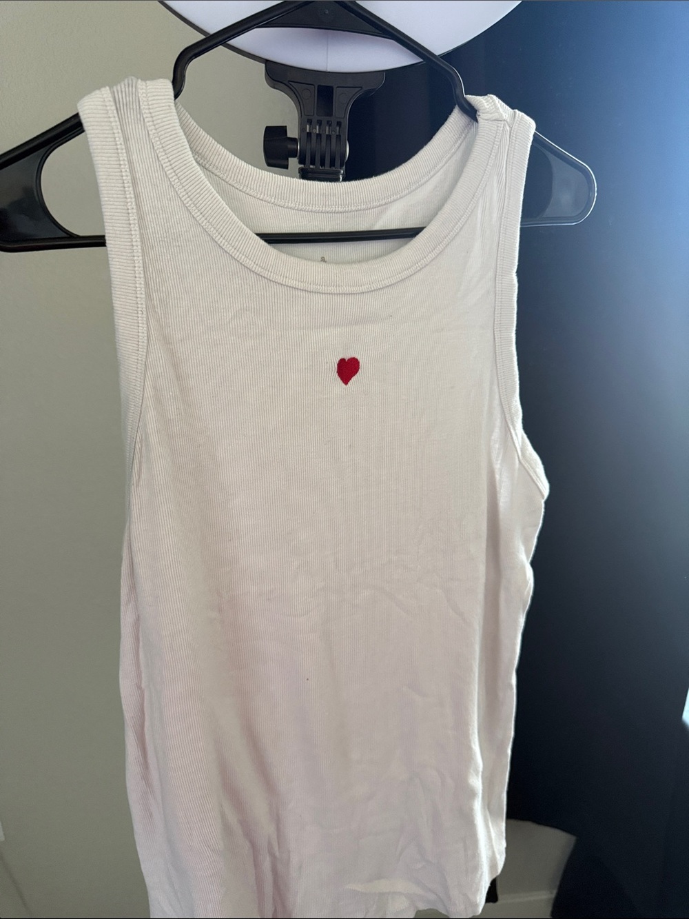 a new day White Ribbed Tank Top with Small Red Heart